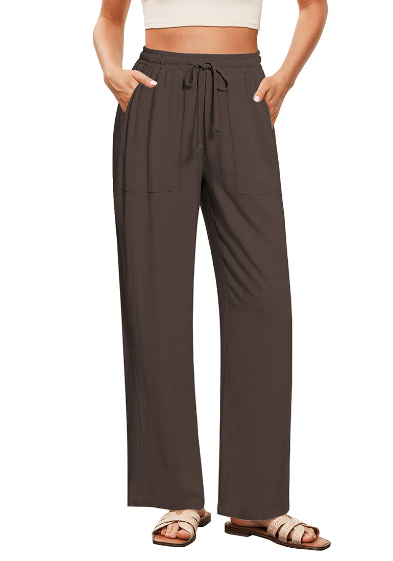 Coffee Brown Women's Lounge Elastic Waist Pants with Pockets Soft Quick Dry Wide Leg