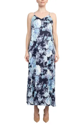 Connected Apparel V-Neck Spaghetti Strap Floral Print Satin Dress with Pockets