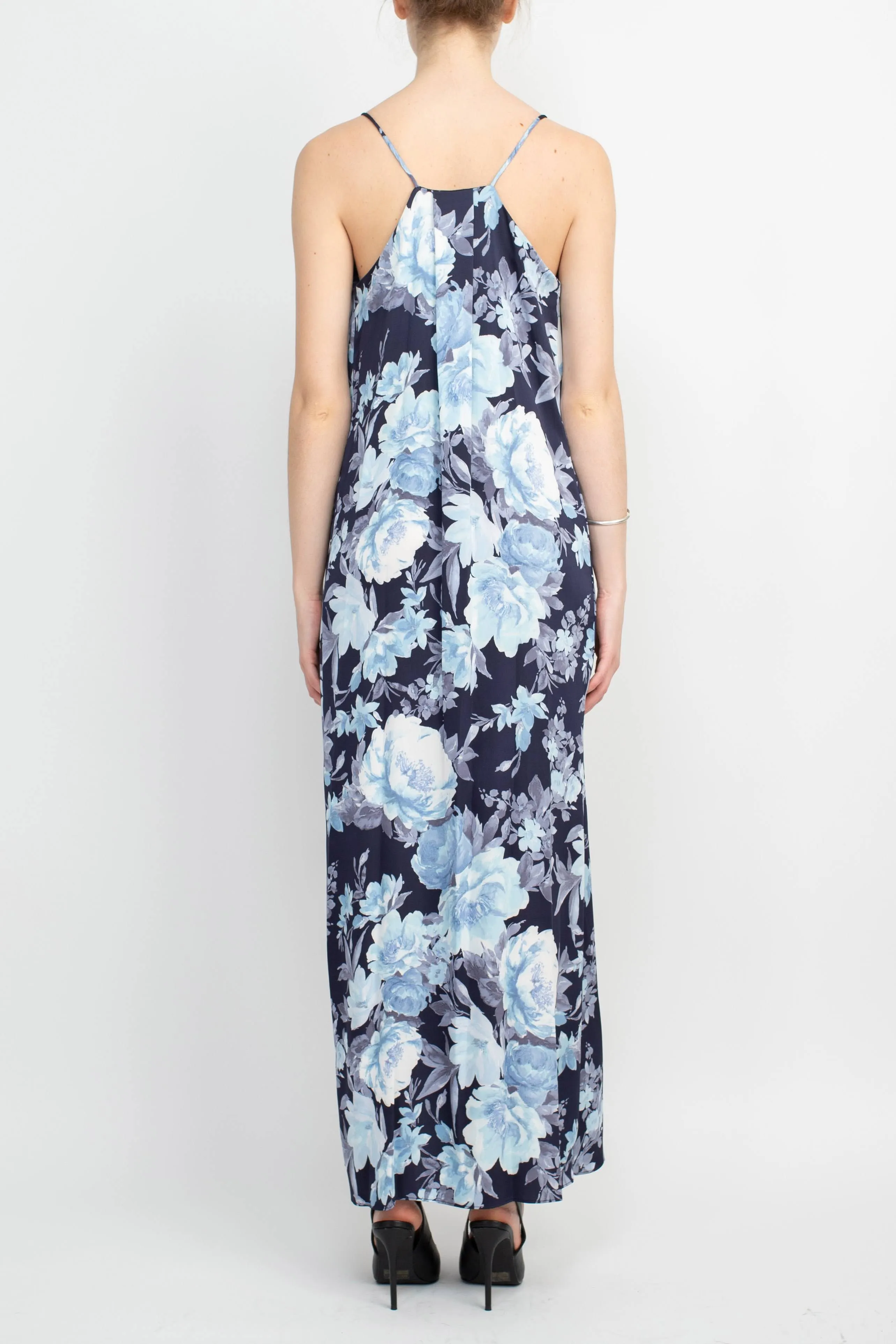 Connected Apparel V-Neck Spaghetti Strap Floral Print Satin Dress with Pockets