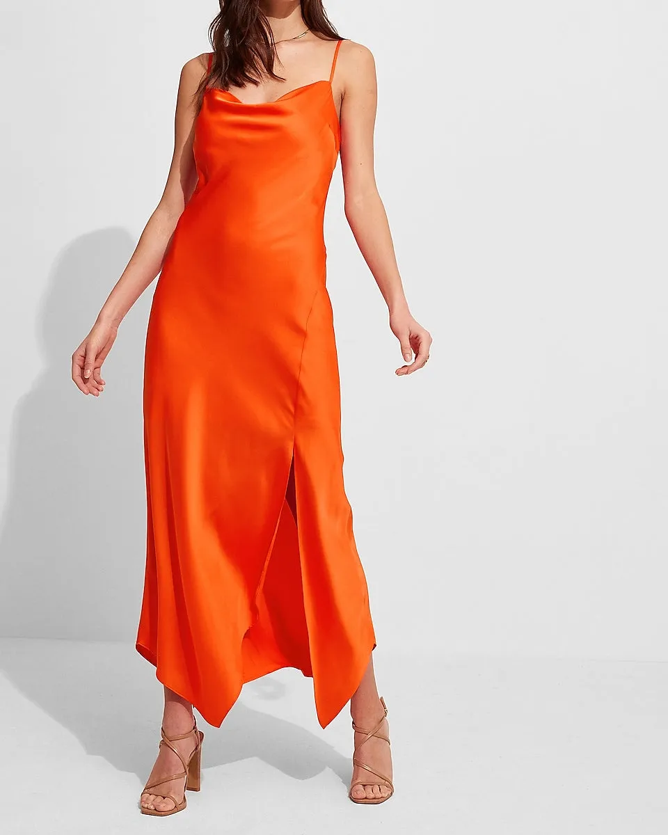 Conscious Edit Satin Cowl Neck Asymmetrical Hem Maxi Slip Dress in Bonfire