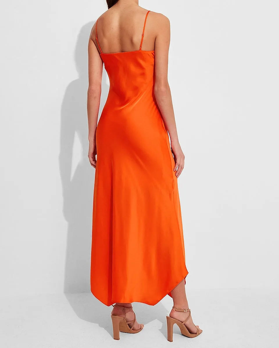 Conscious Edit Satin Cowl Neck Asymmetrical Hem Maxi Slip Dress in Bonfire