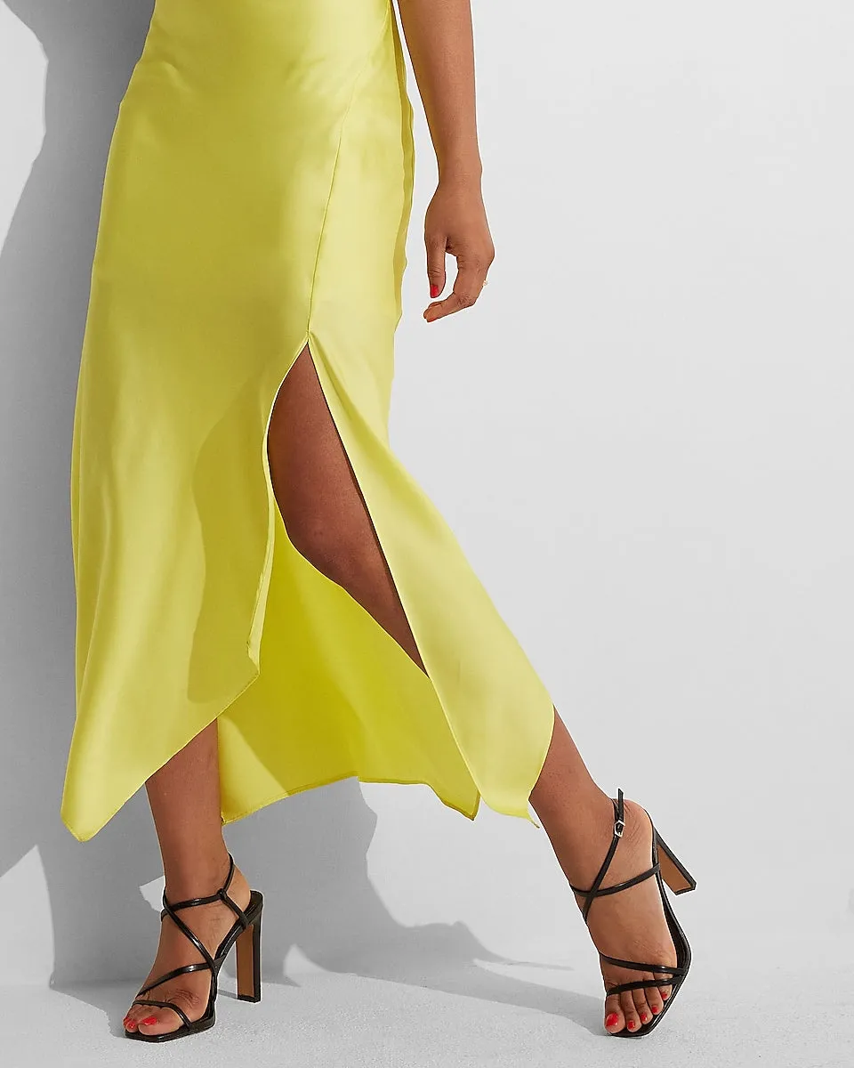 Conscious Edit Satin Cowl Neck Asymmetrical Hem Maxi Slip Dress in Light Yellow