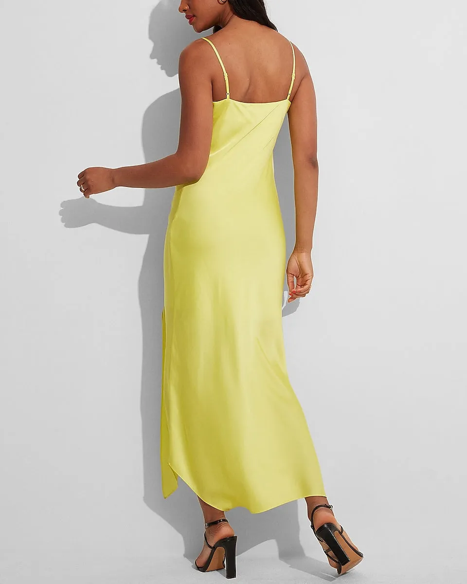 Conscious Edit Satin Cowl Neck Asymmetrical Hem Maxi Slip Dress in Light Yellow