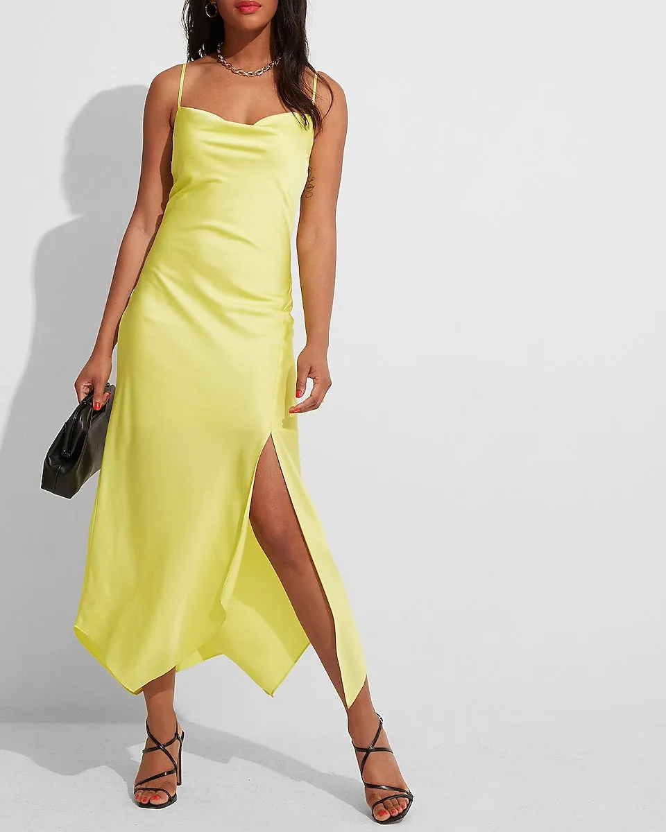 Conscious Edit Satin Cowl Neck Asymmetrical Hem Maxi Slip Dress in Light Yellow