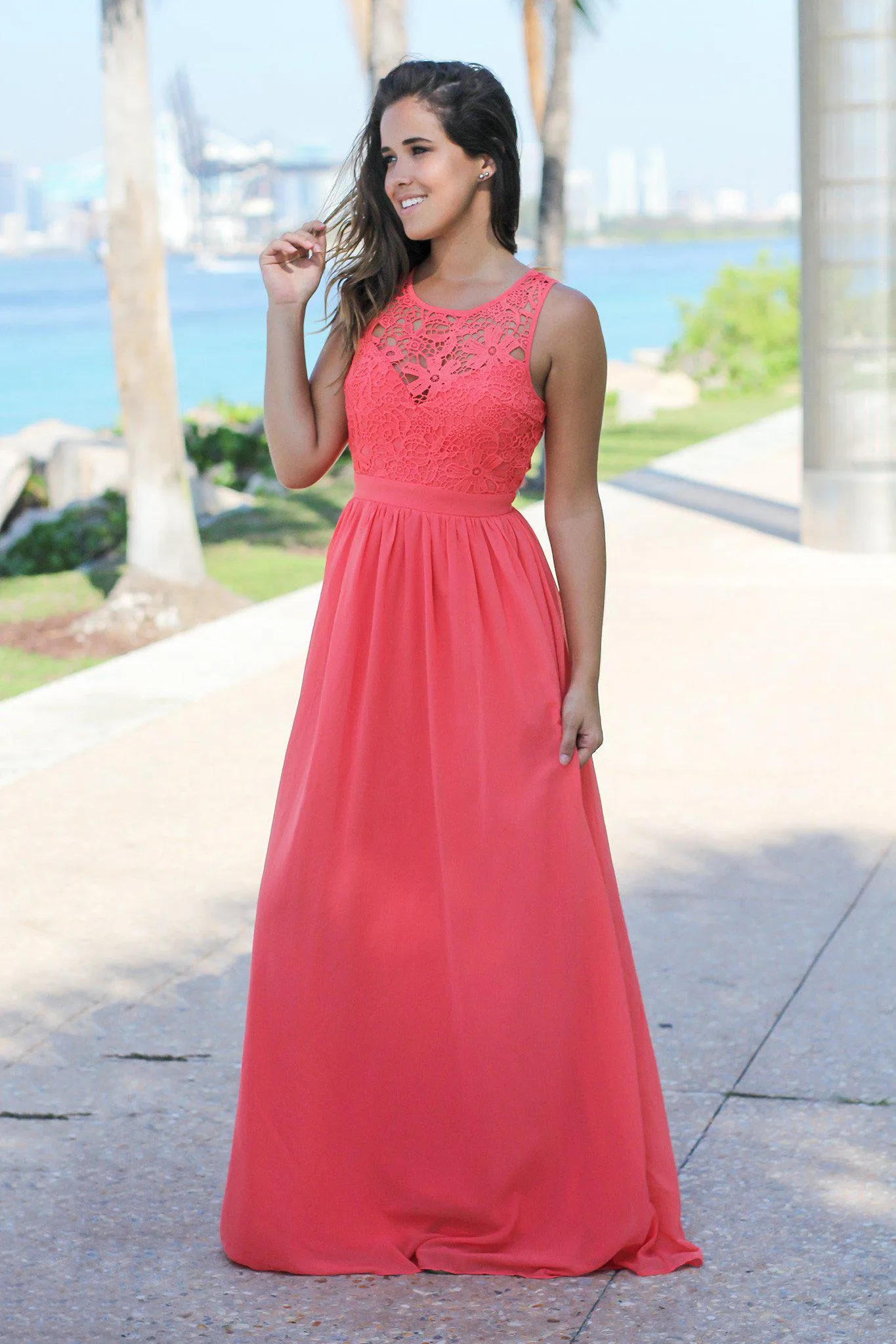 Coral Crochet Maxi Dress with Open Back