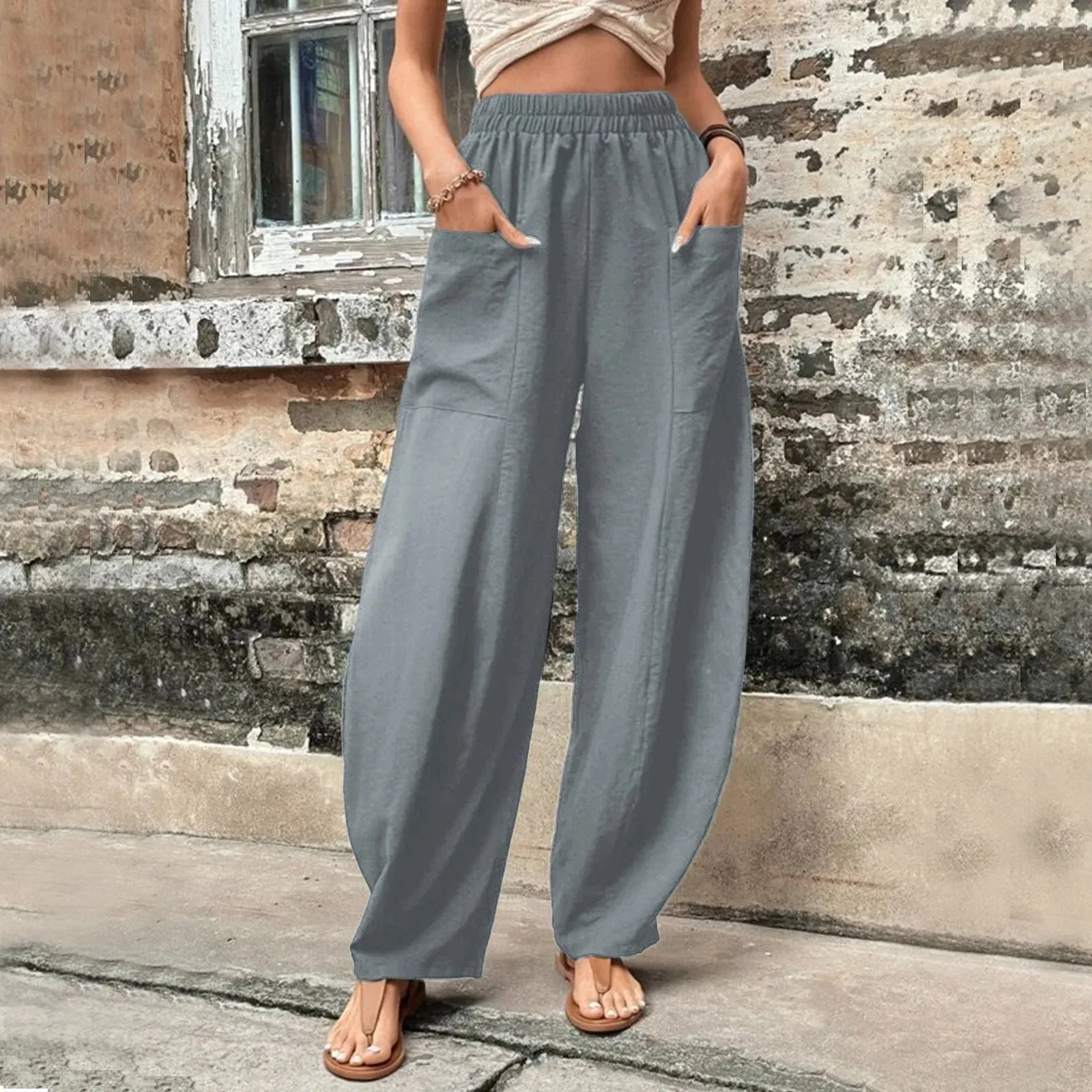 Cotton Hemp Wide-leg Pants with Elastic Waist