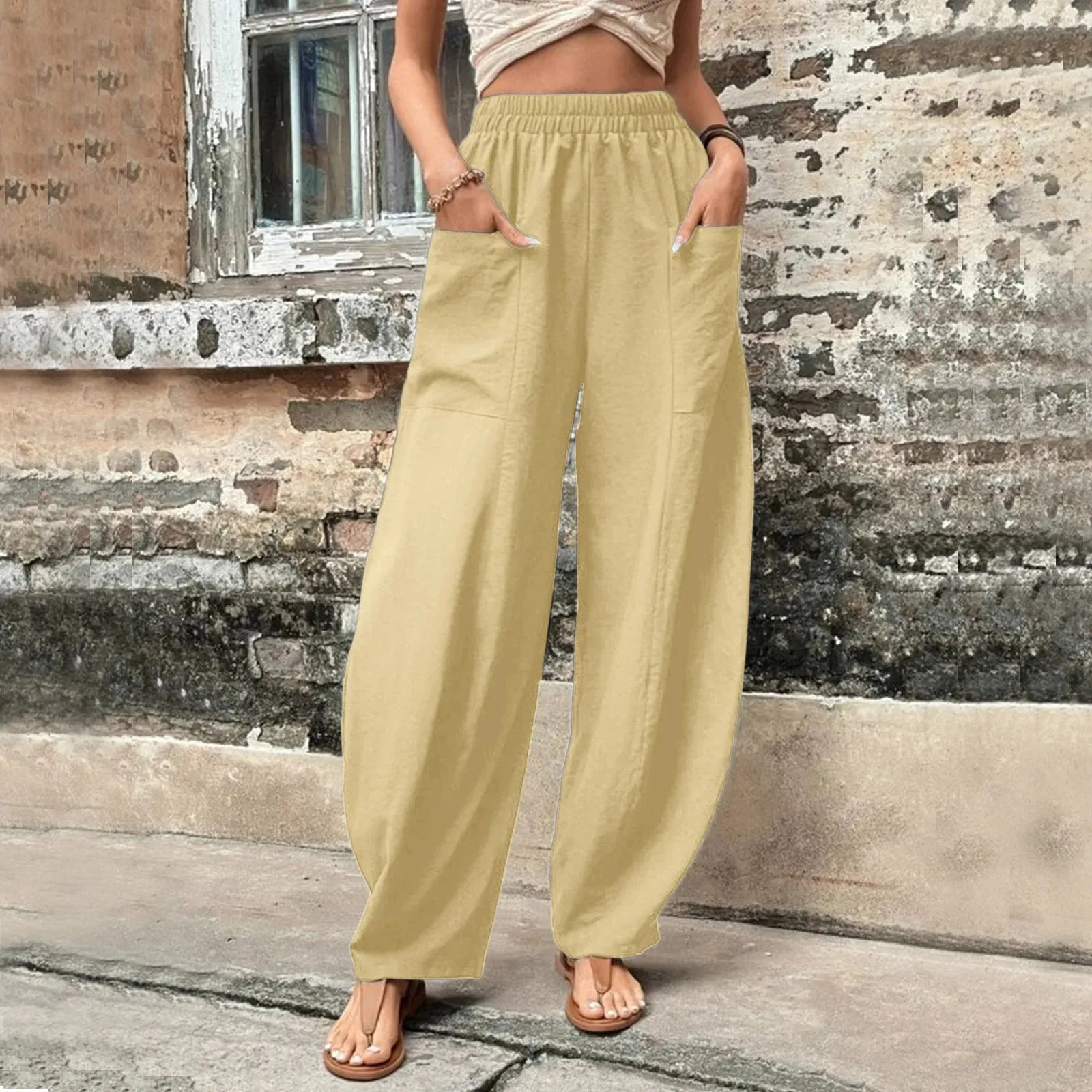 Cotton Hemp Wide-leg Pants with Elastic Waist