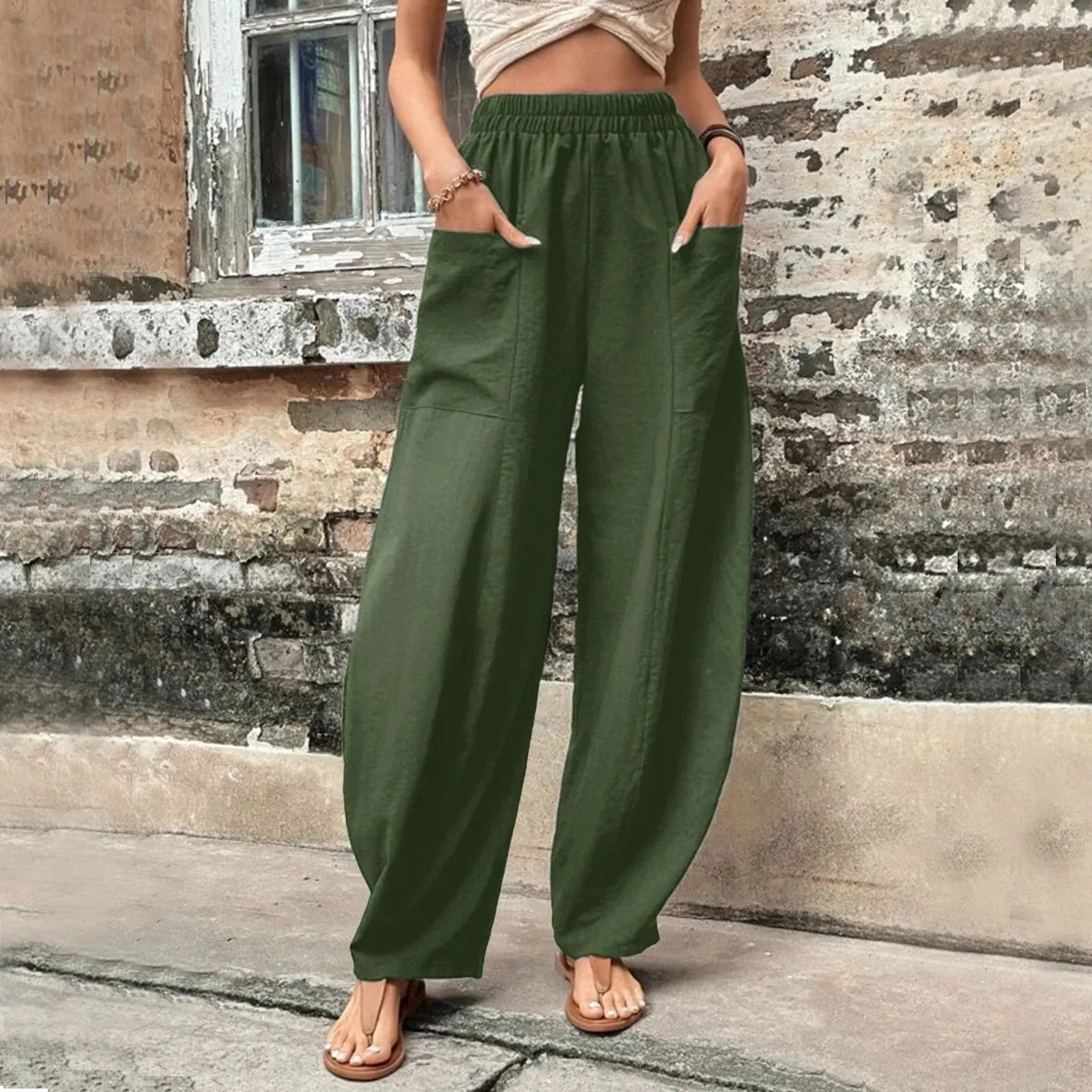 Cotton Hemp Wide-leg Pants with Elastic Waist