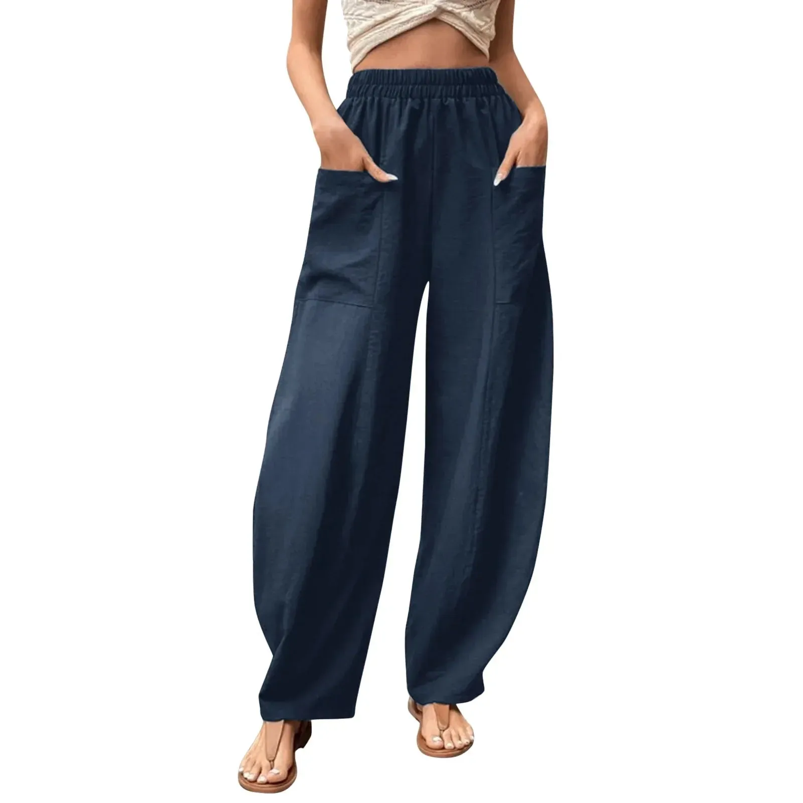 Cotton Hemp Wide-leg Pants with Elastic Waist