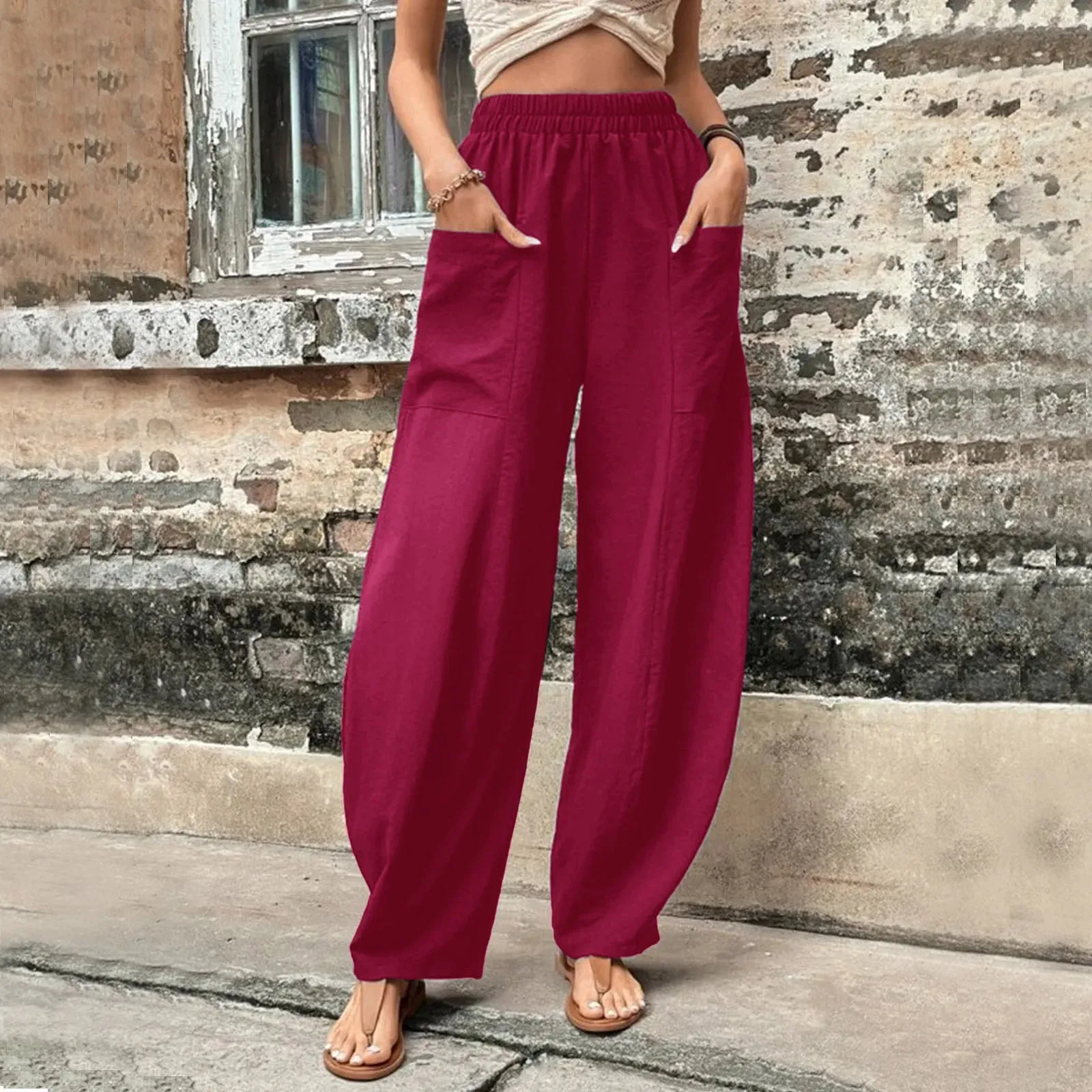 Cotton Hemp Wide-leg Pants with Elastic Waist