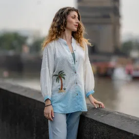 Cotton Ombre Shirt for Women | White & Blue | Hand Embroidered