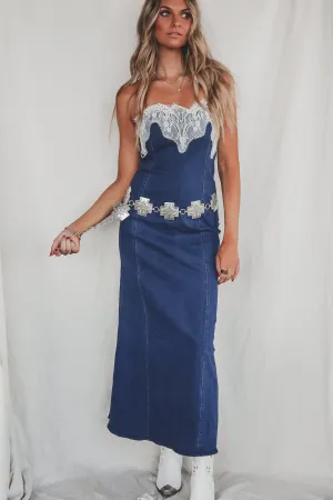 Cowgirl Cocktail Denim Lace Maxi Dress