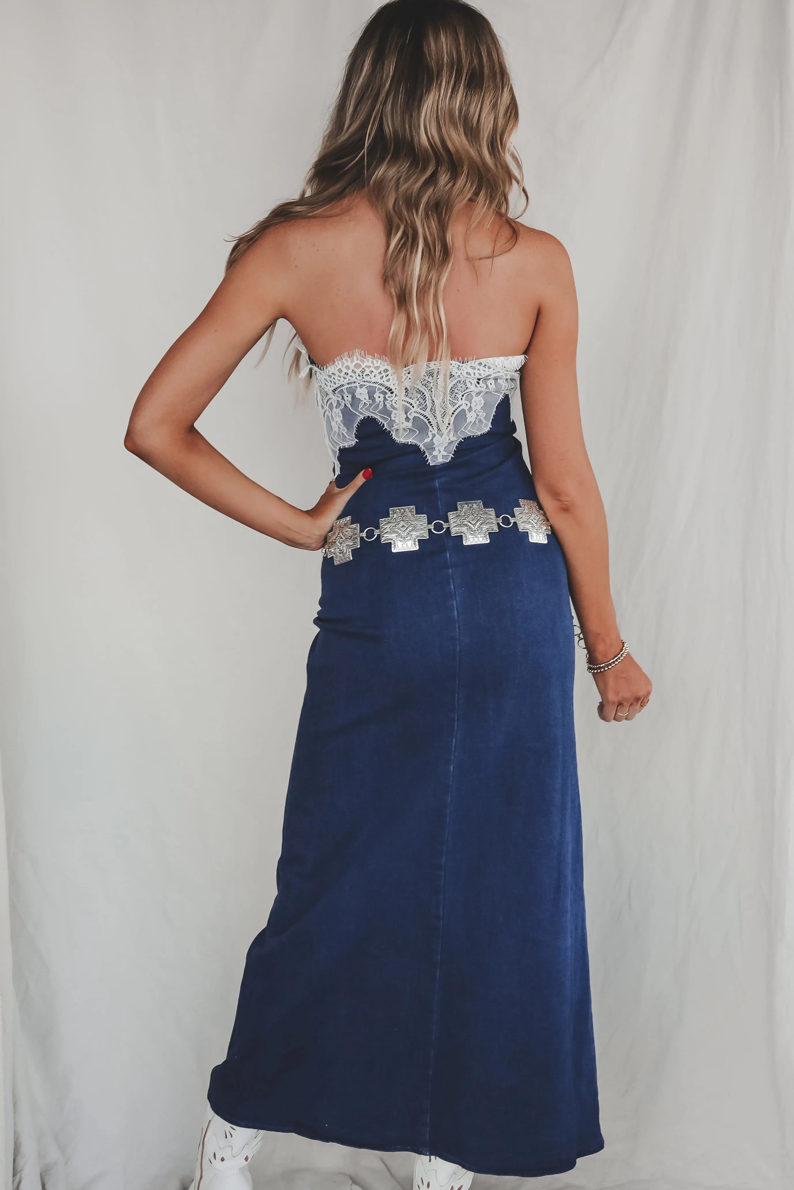 Cowgirl Cocktail Denim Lace Maxi Dress