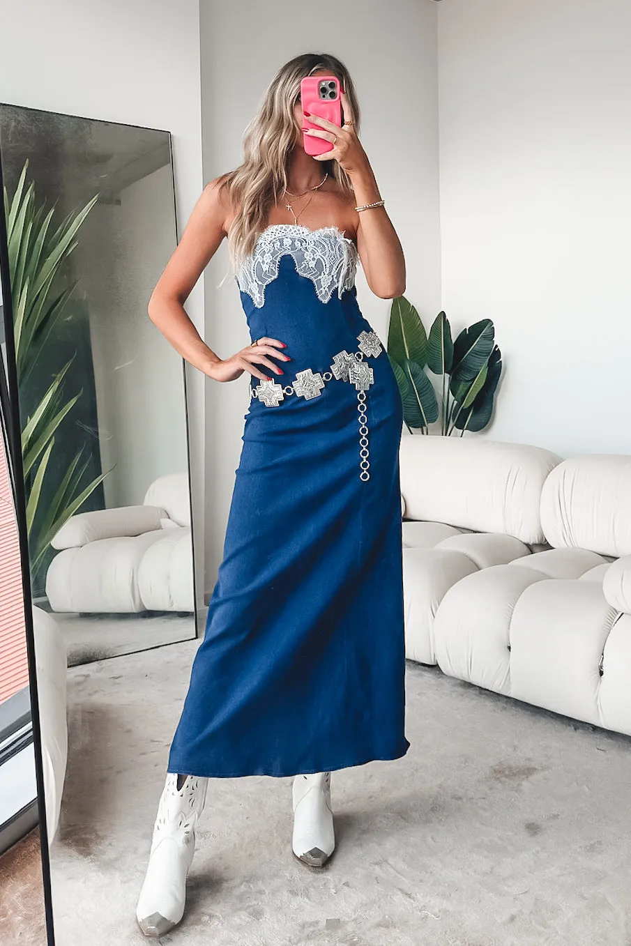 Cowgirl Cocktail Denim Lace Maxi Dress