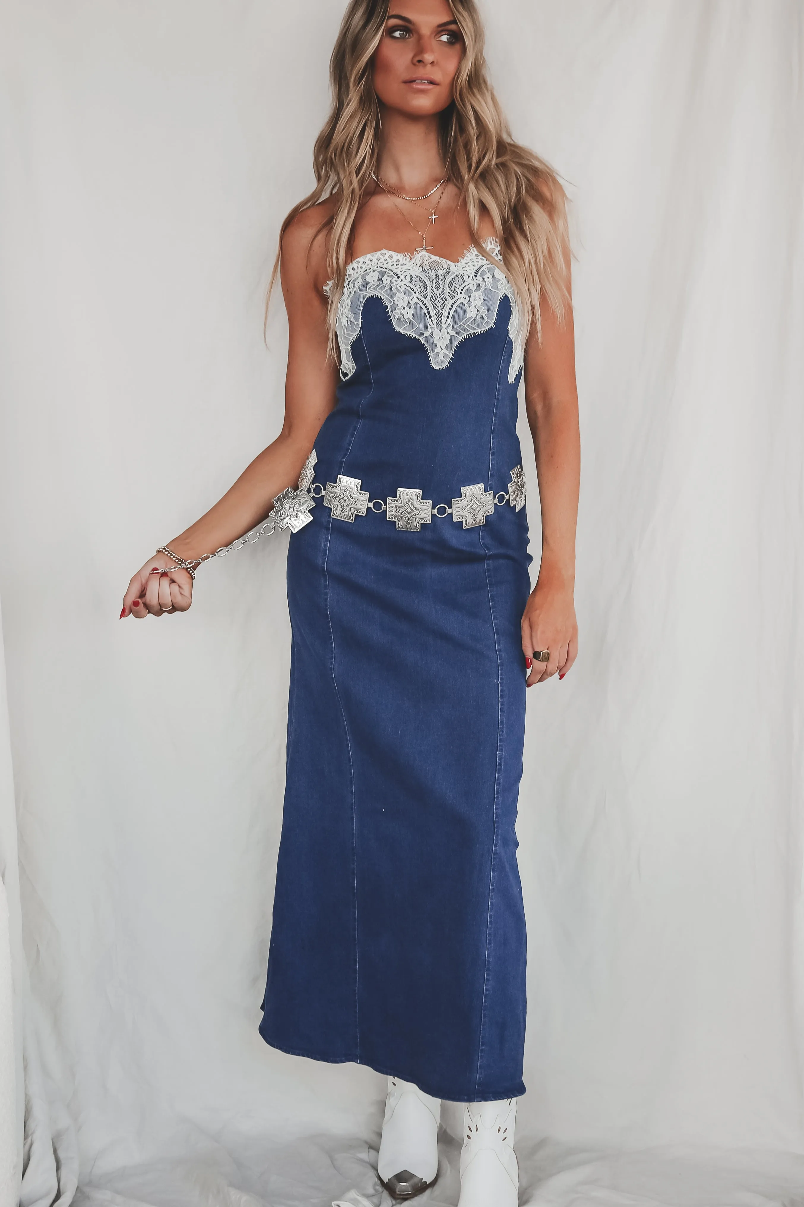 Cowgirl Cocktail Denim Lace Maxi Dress