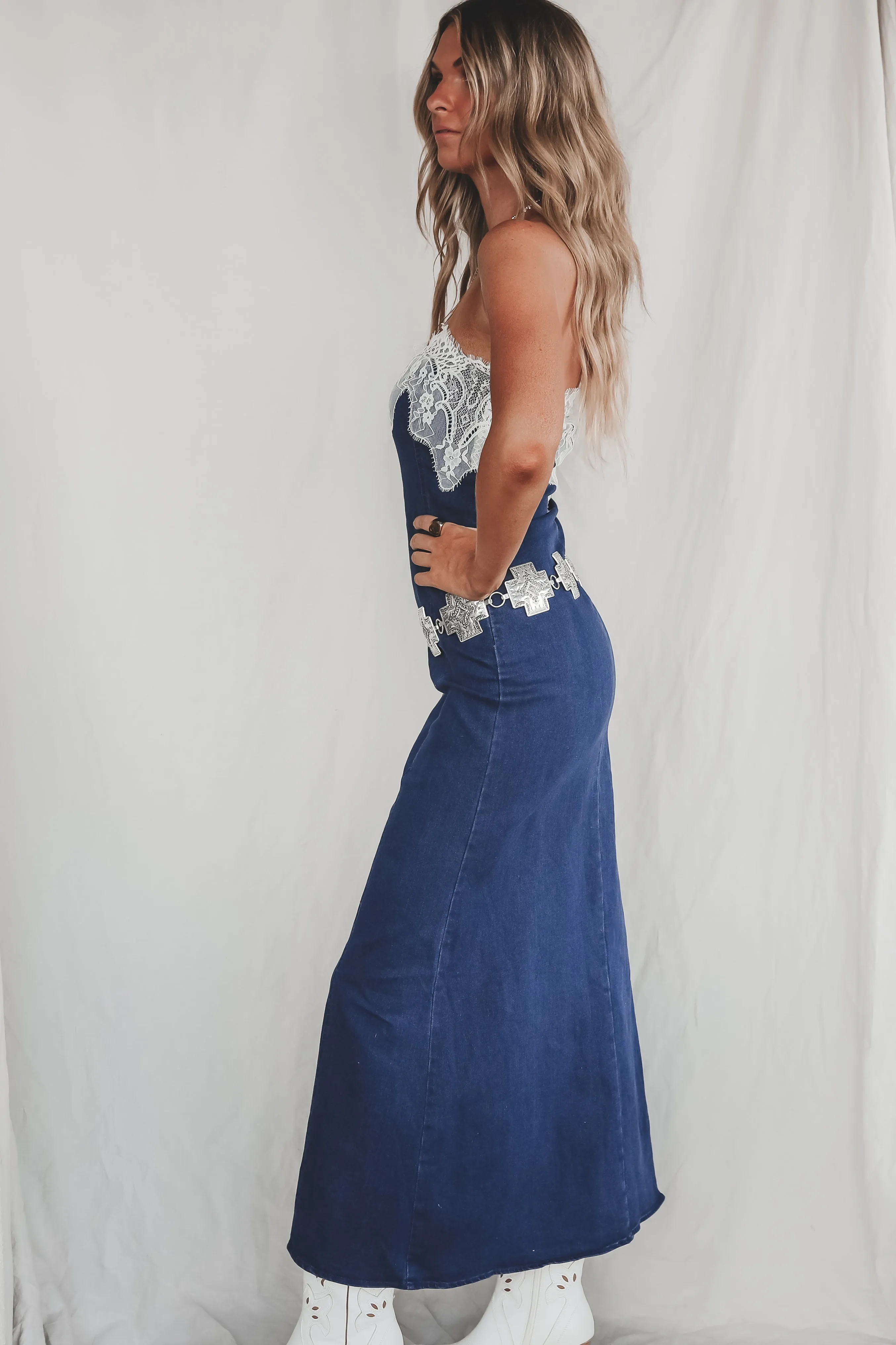 Cowgirl Cocktail Denim Lace Maxi Dress