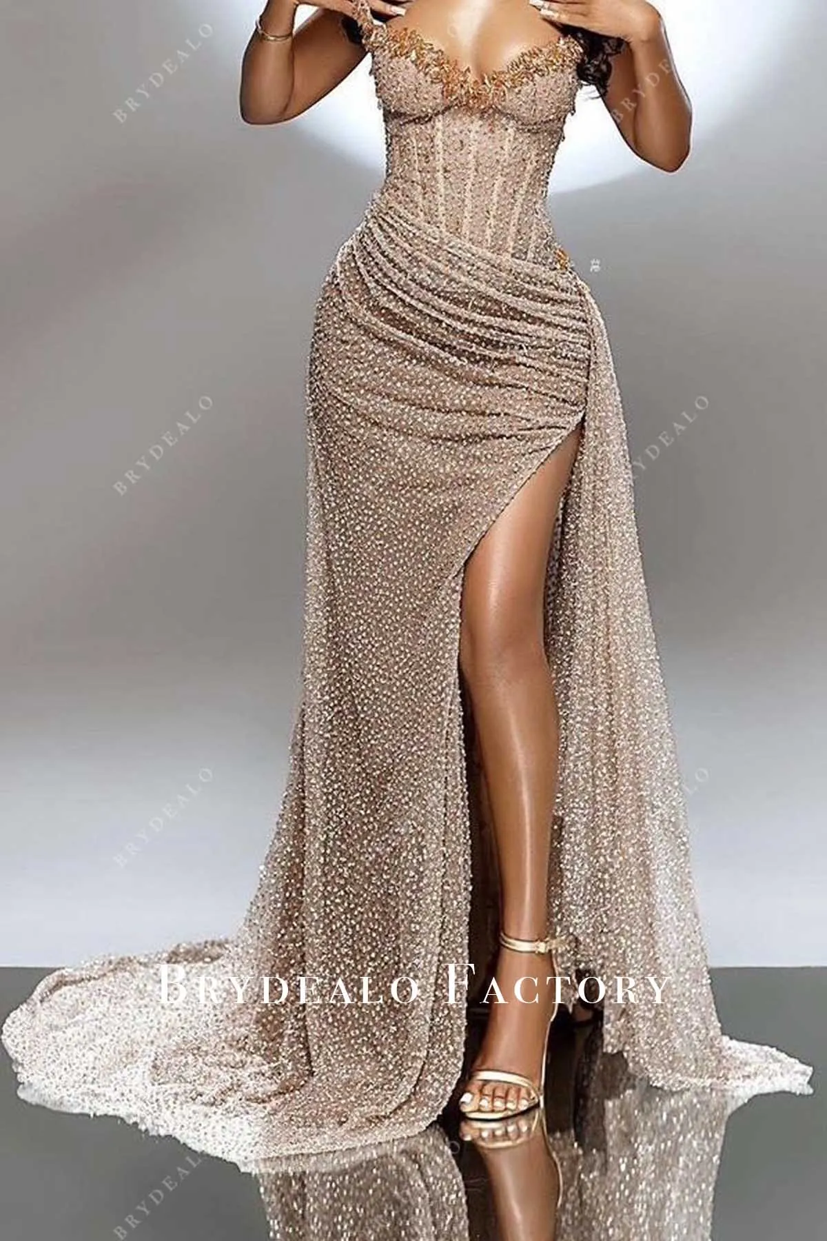 Crystals V-neck Sparkly Glitter Strapless Slit Long Prom Dress