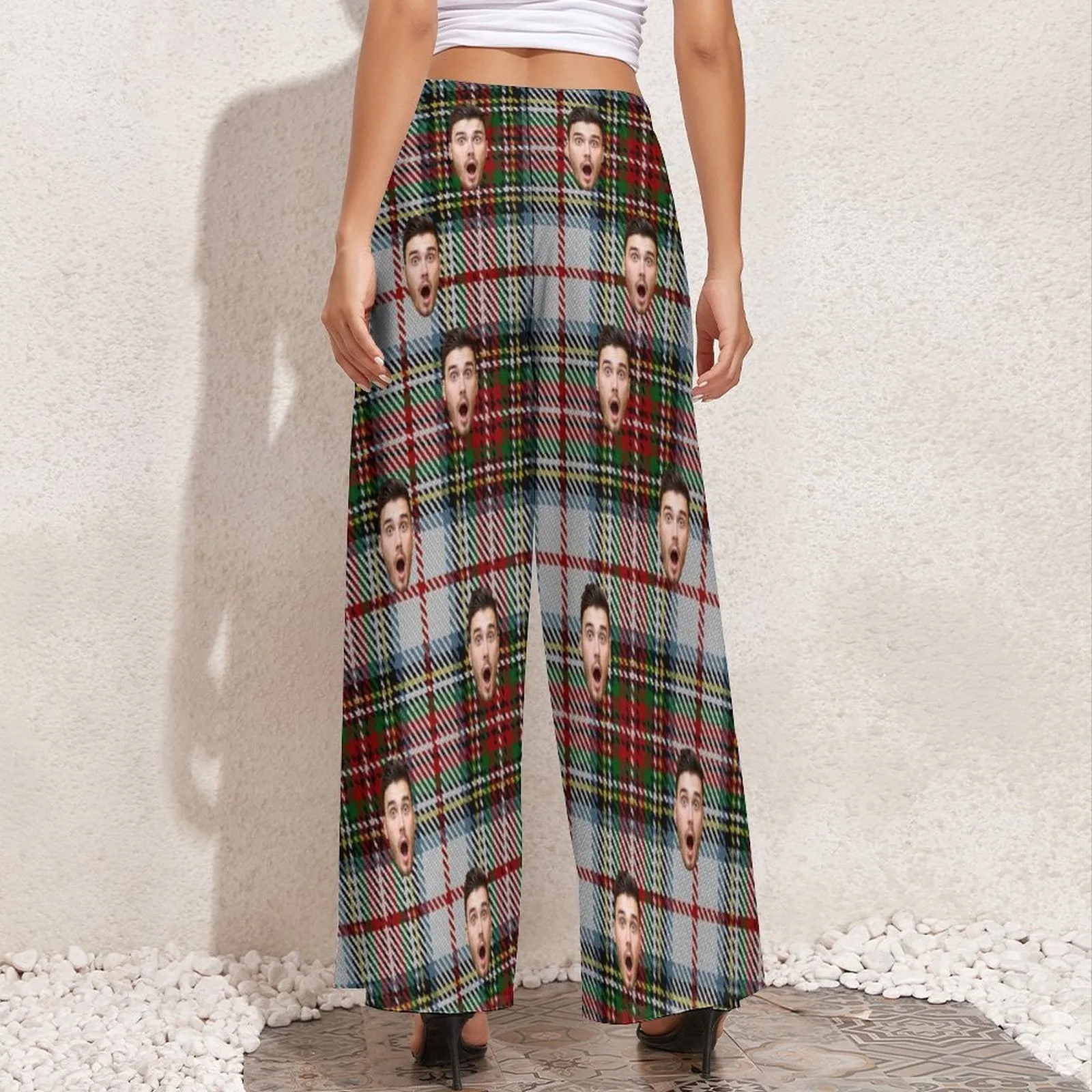 Custom Face Plaid Stripes Women's Wide Leg Pants - Grey