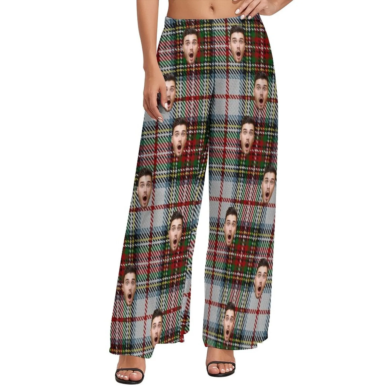 Custom Face Plaid Stripes Women's Wide Leg Pants - Grey