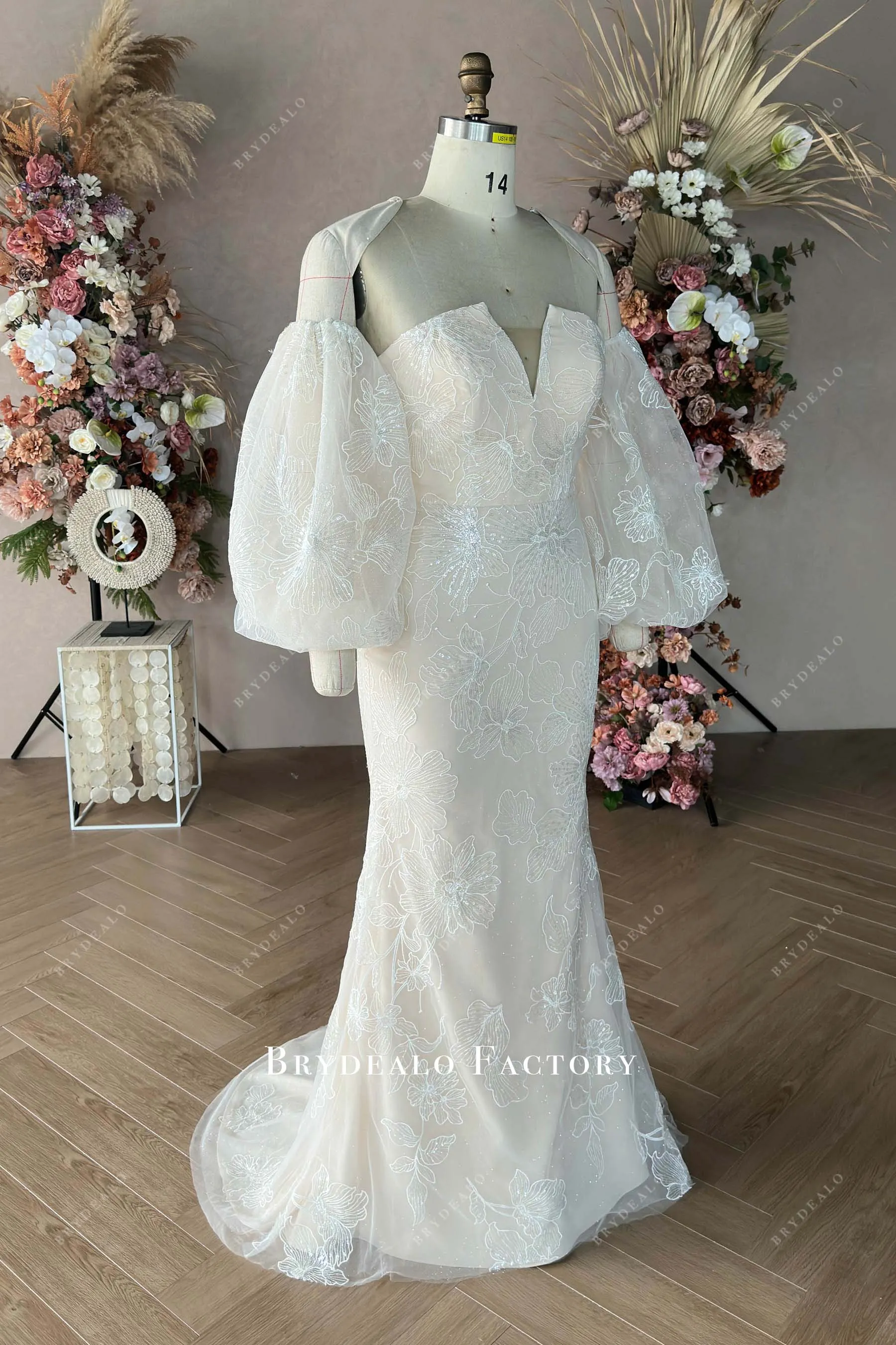 Custom Flora Lace Light Champagne Mermaid Wedding Dress