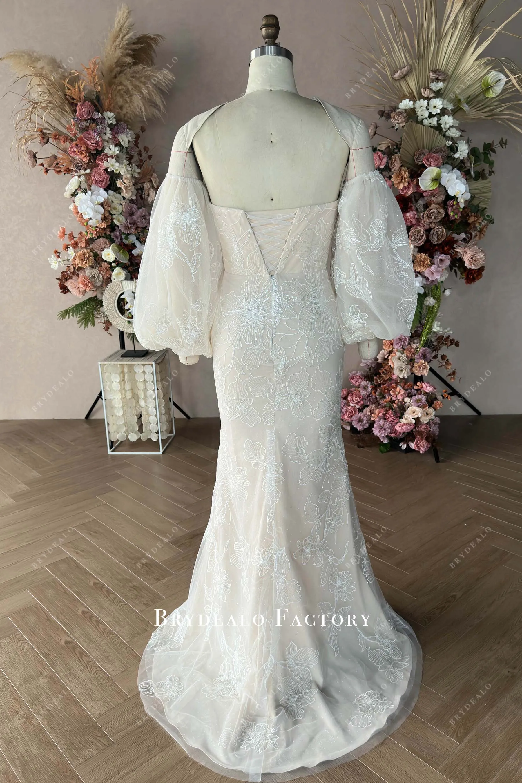 Custom Flora Lace Light Champagne Mermaid Wedding Dress