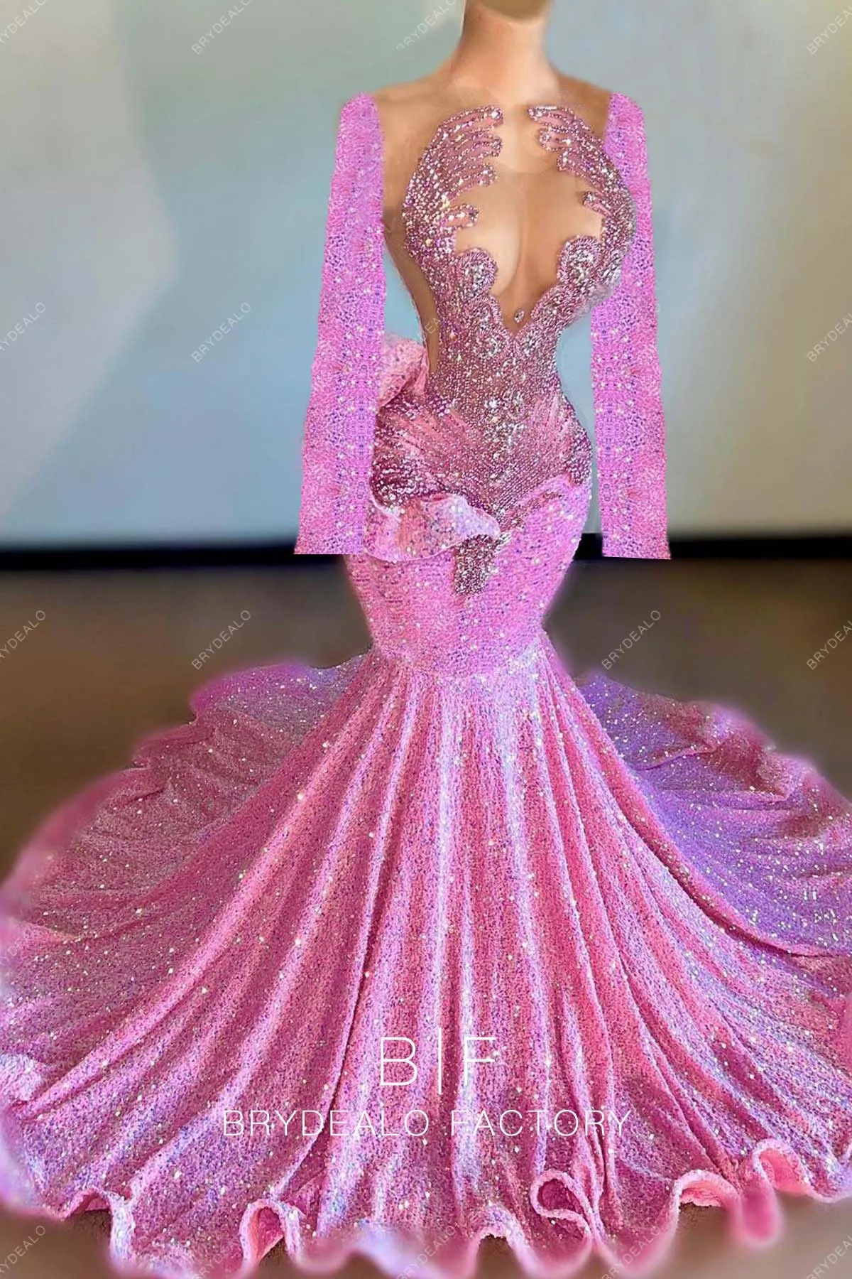 Custom Long Sleeves Iridescent Pink Sequin Long Prom Dress