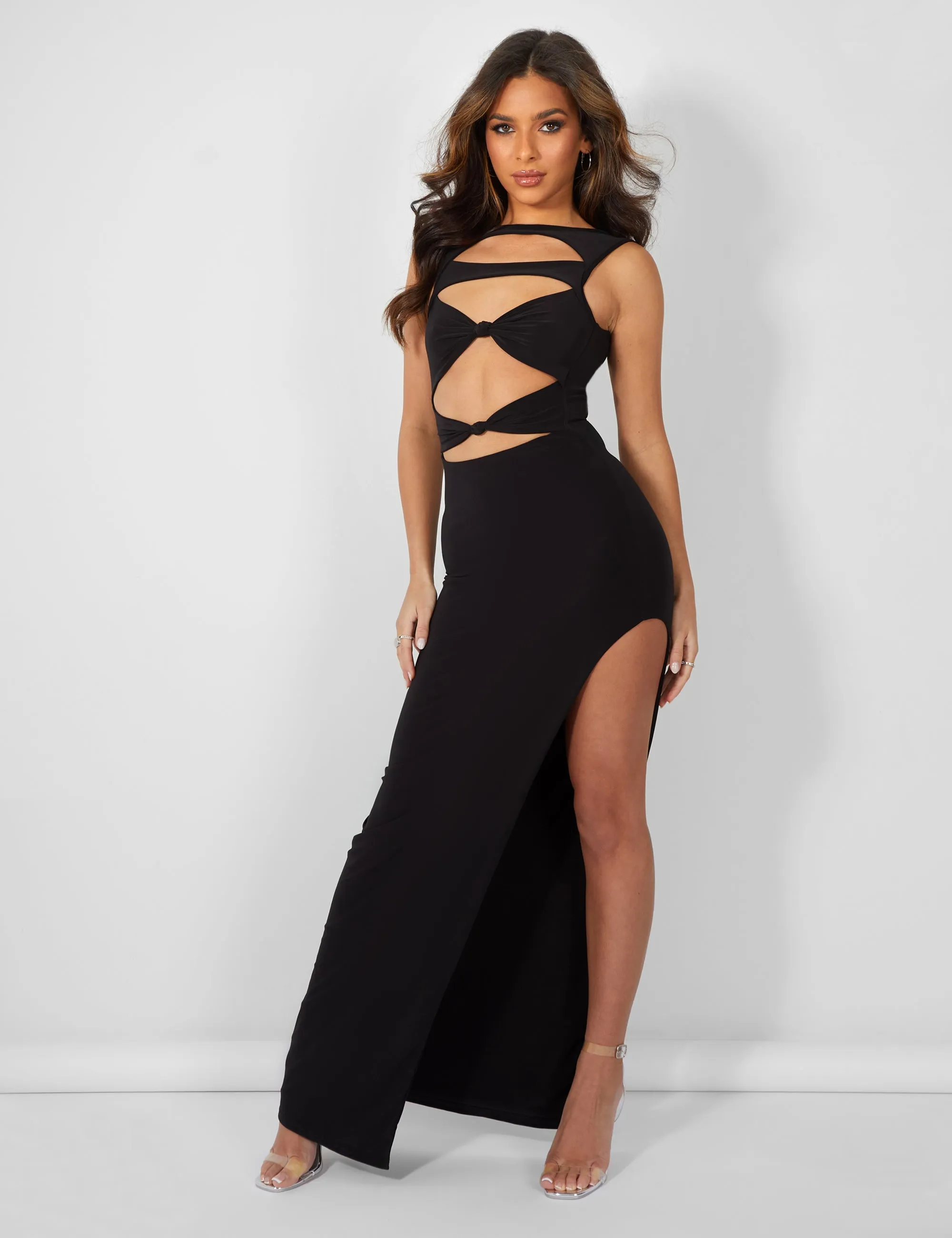 Cut Away Knotted Detail Extreme Spilt Maxi Dress Black