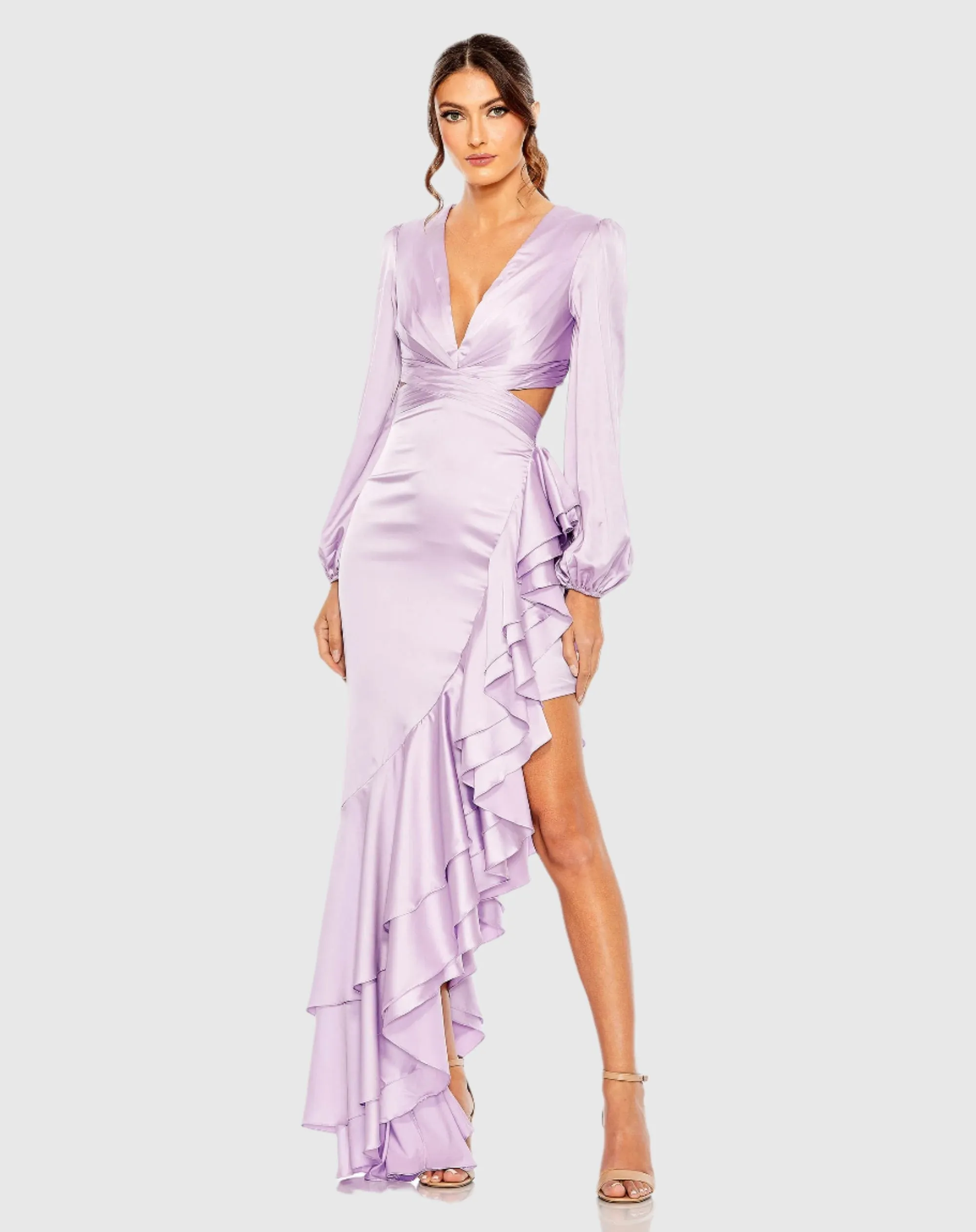 Cut Out Asymmetrical Ruffled Gown