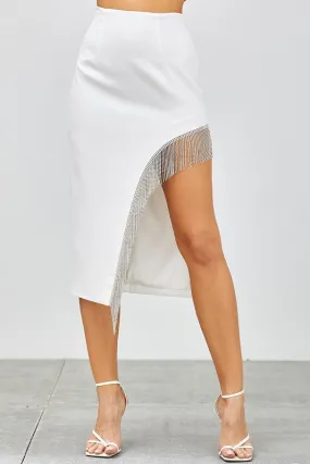 Dalia long fringe skirt, white