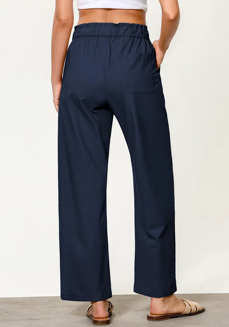 Dark Blue Women's Casual Full Length Elastic High Waist Relaxed Fit Wide Leg Pants with Pocket