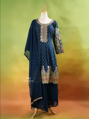 Dark Green Palazzo Suit Adorned with Floral and Sequins Embroidery, With Dupatta and 3/4 Sleeve