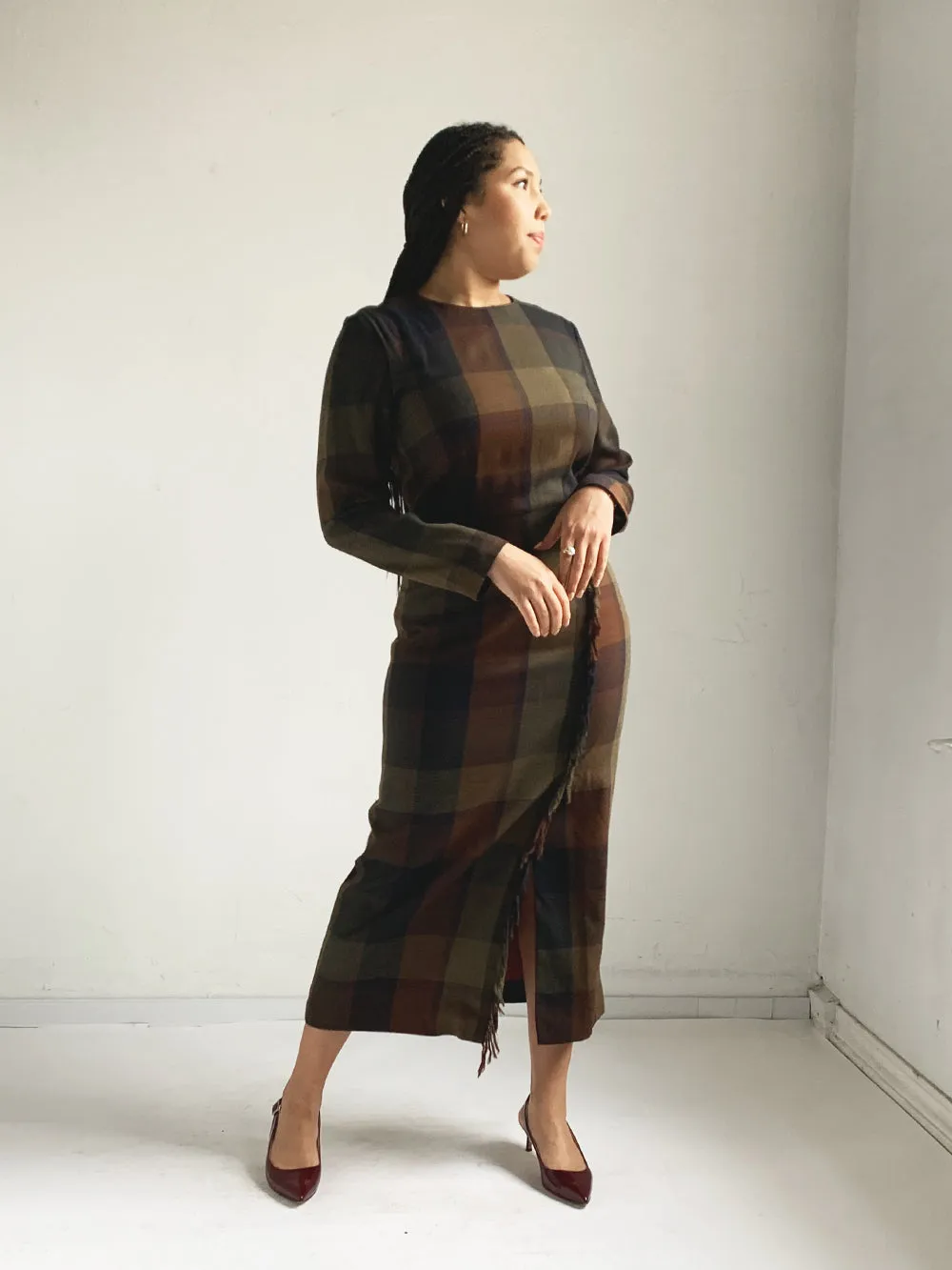 David Warren Muted Plaid Maxi Dress