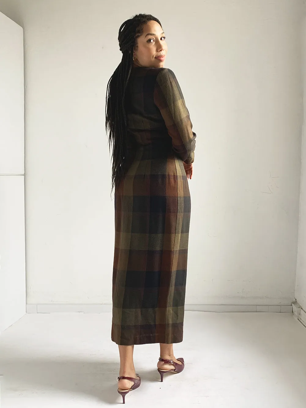 David Warren Muted Plaid Maxi Dress