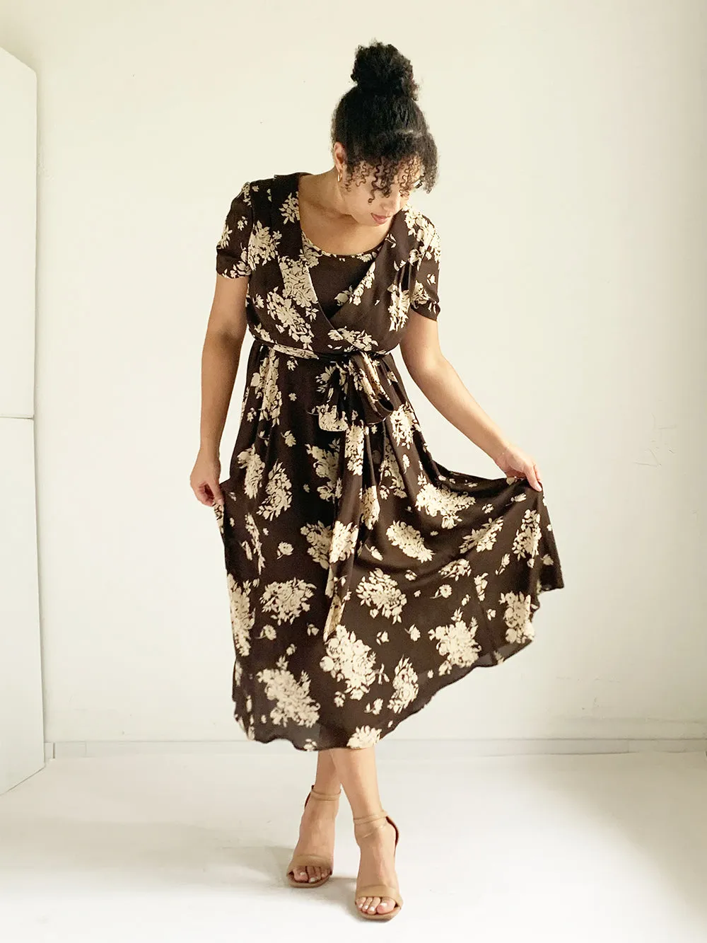 DB Brown and Ivory Floral Maxi Dress