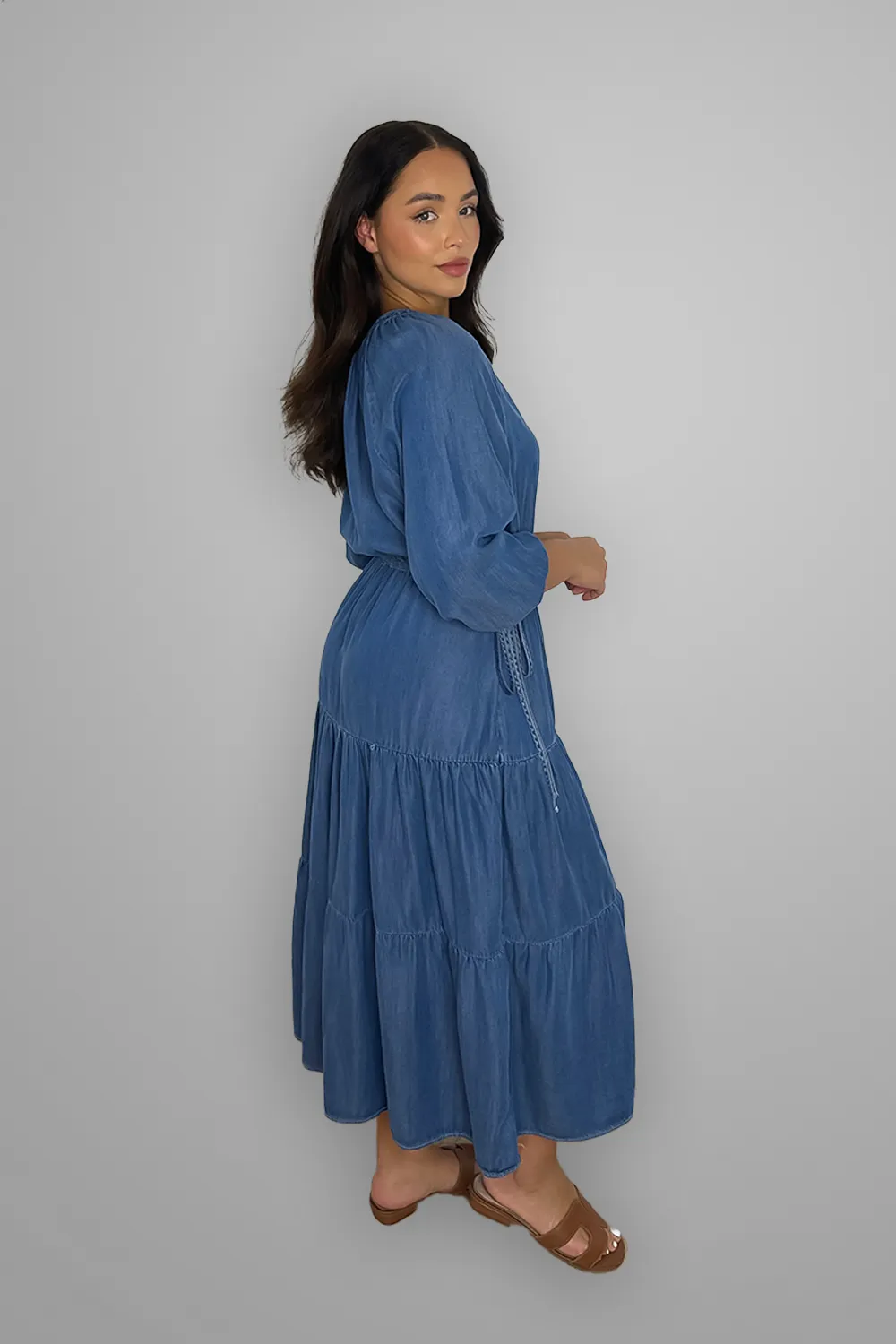 Denim Blue Button Down Tiered Maxi Dress