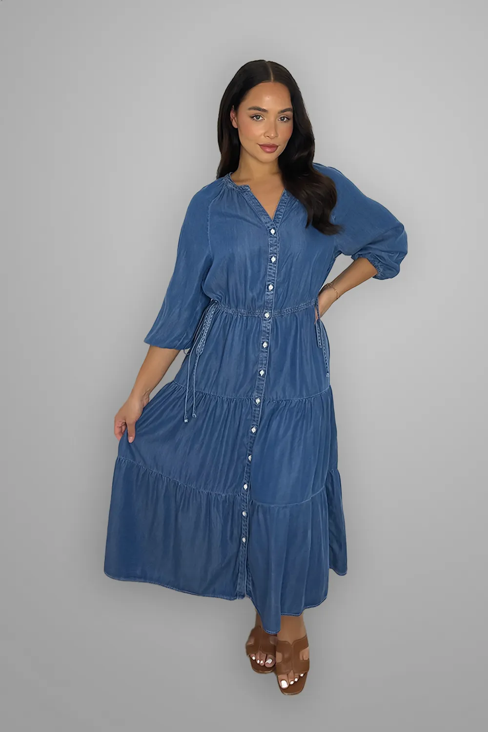 Denim Blue Button Down Tiered Maxi Dress