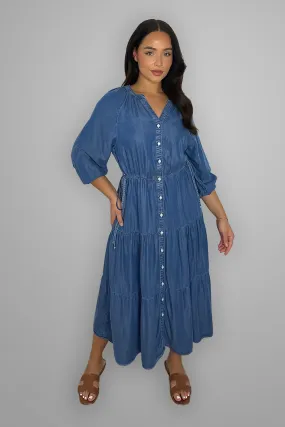 Denim Blue Button Down Tiered Maxi Dress