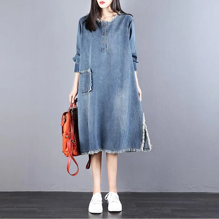 Denim Loose Long V Neck Dresses Plus Size Women Dresses