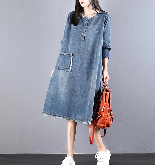 Denim Loose Long V Neck Dresses Plus Size Women Dresses