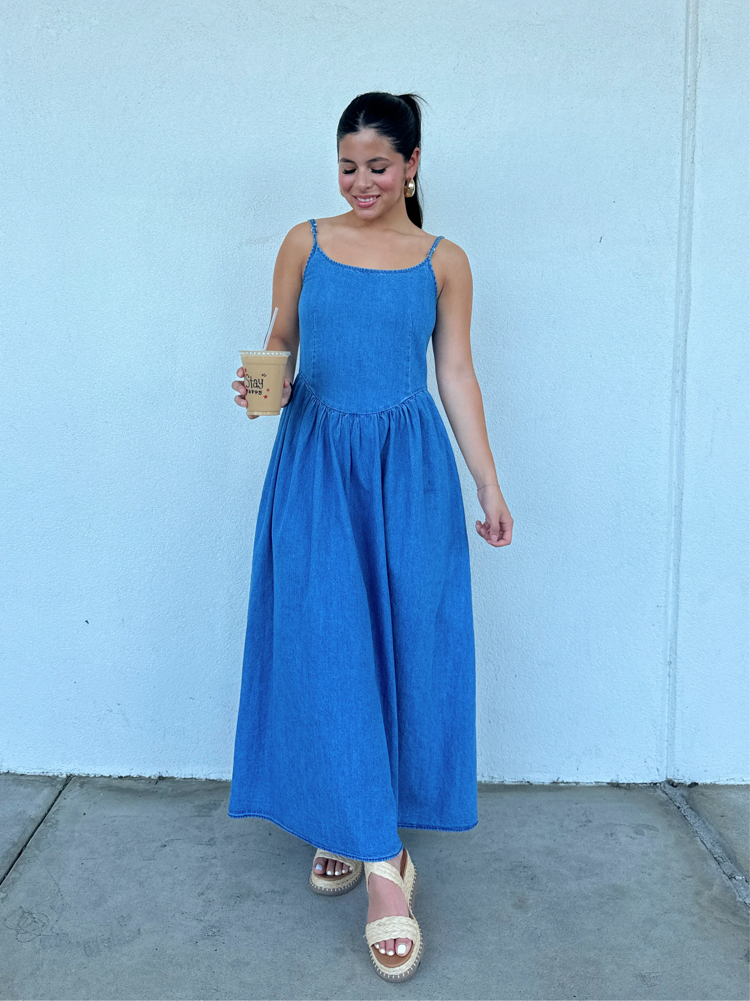 Denim Open Back Maxi Dress