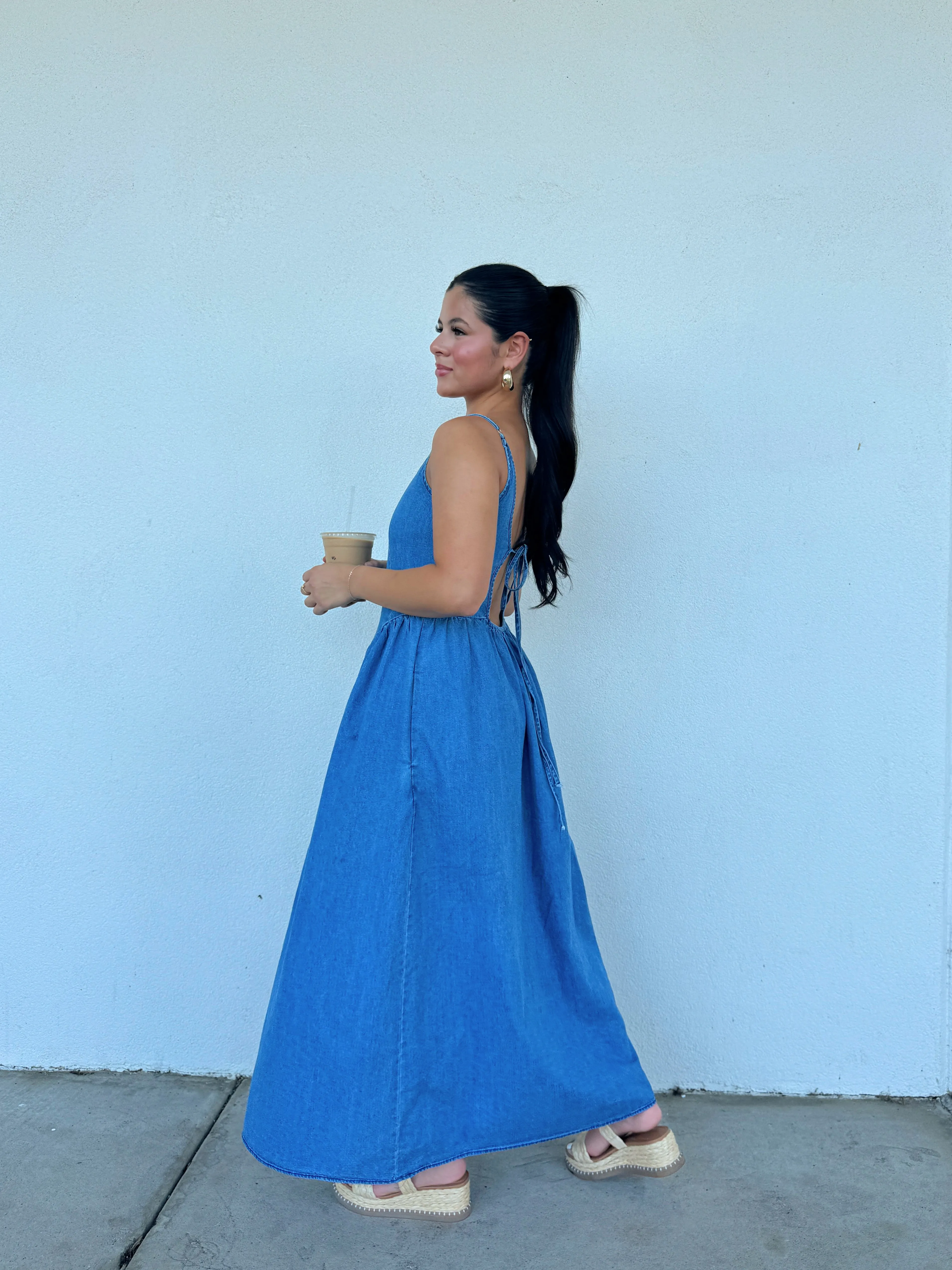 Denim Open Back Maxi Dress