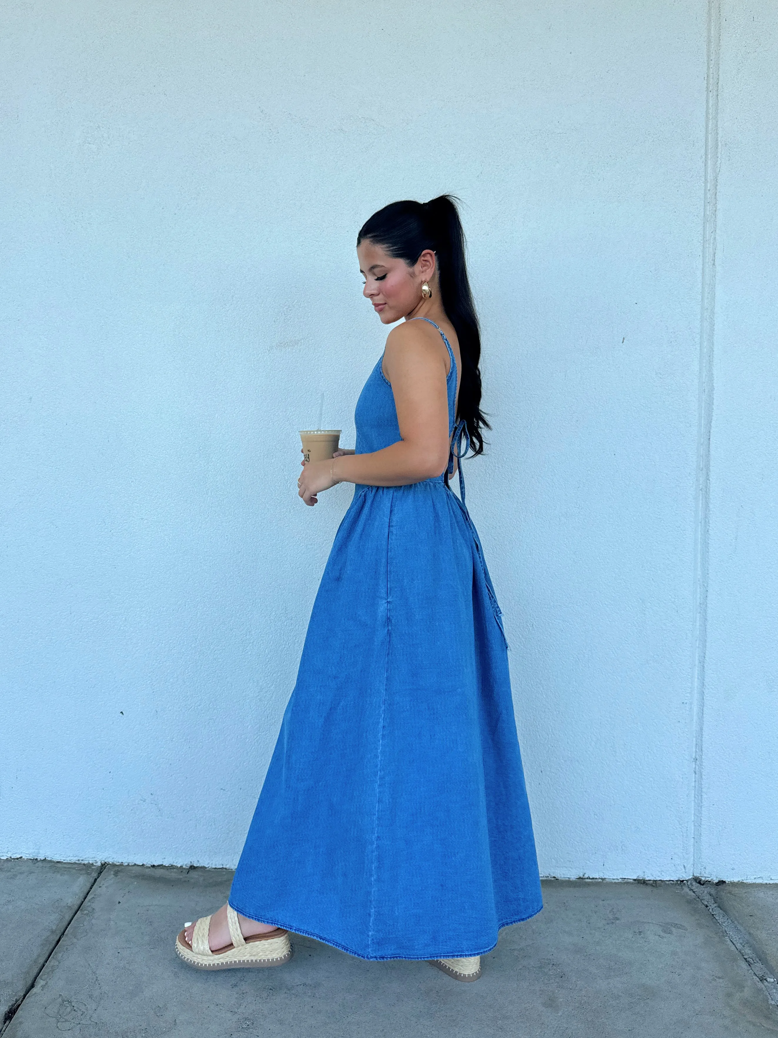 Denim Open Back Maxi Dress