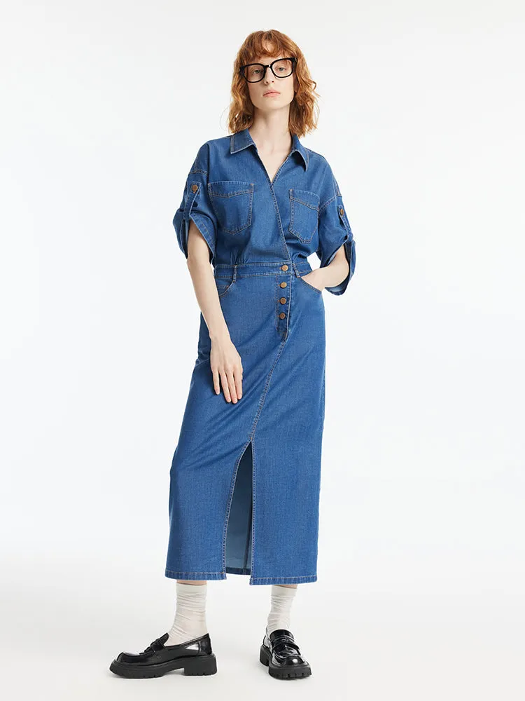 Denim V-Neck Slit Lapel Women Maxi Dress