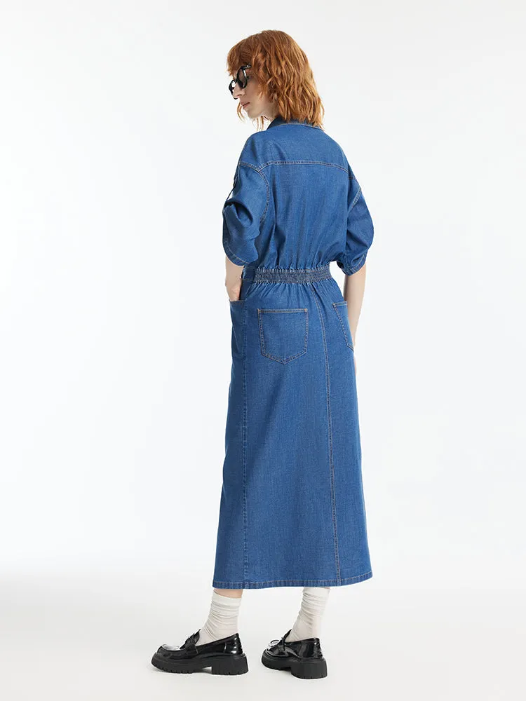 Denim V-Neck Slit Lapel Women Maxi Dress