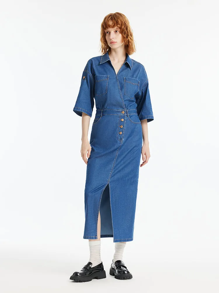 Denim V-Neck Slit Lapel Women Maxi Dress