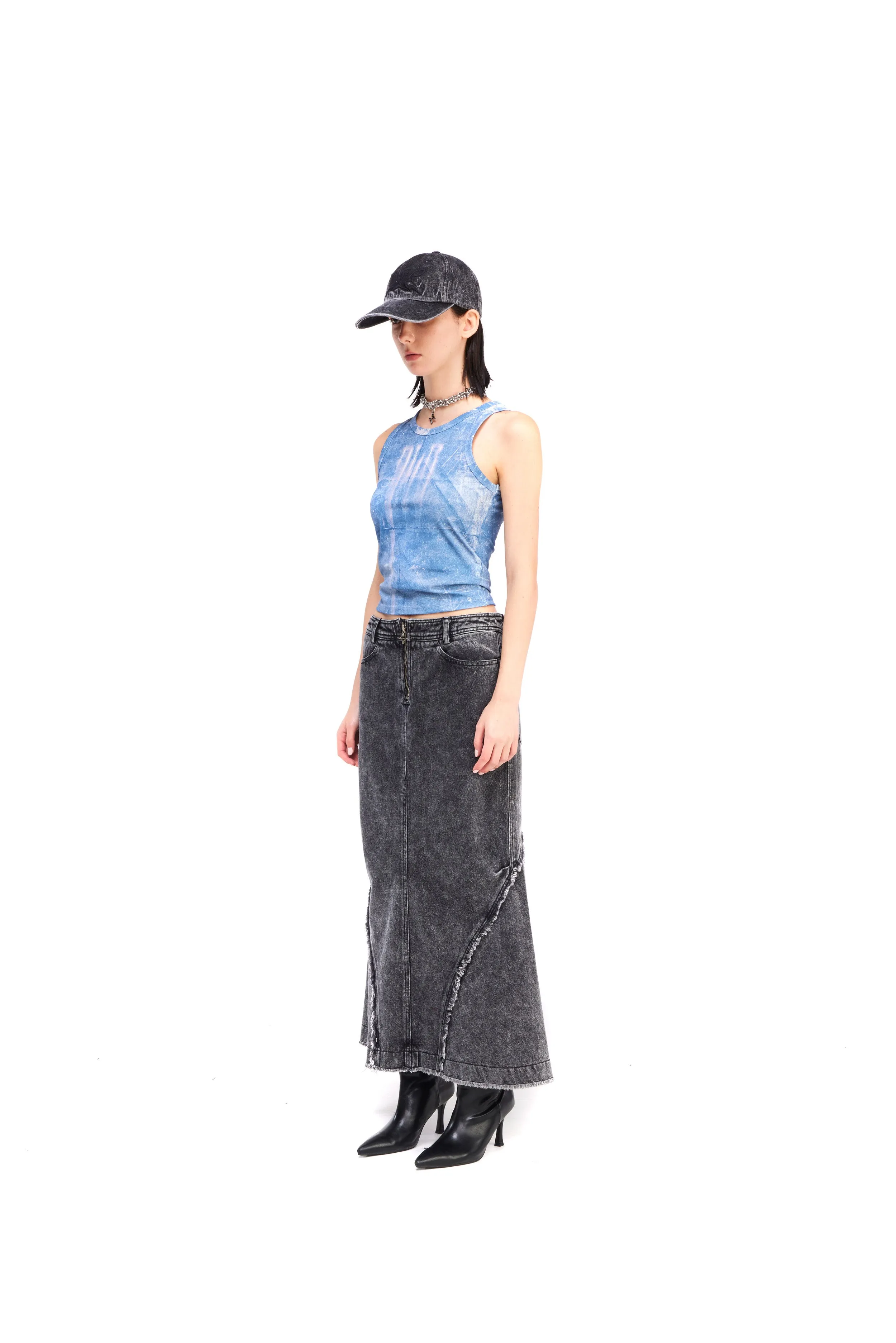 Denim wide long skirt