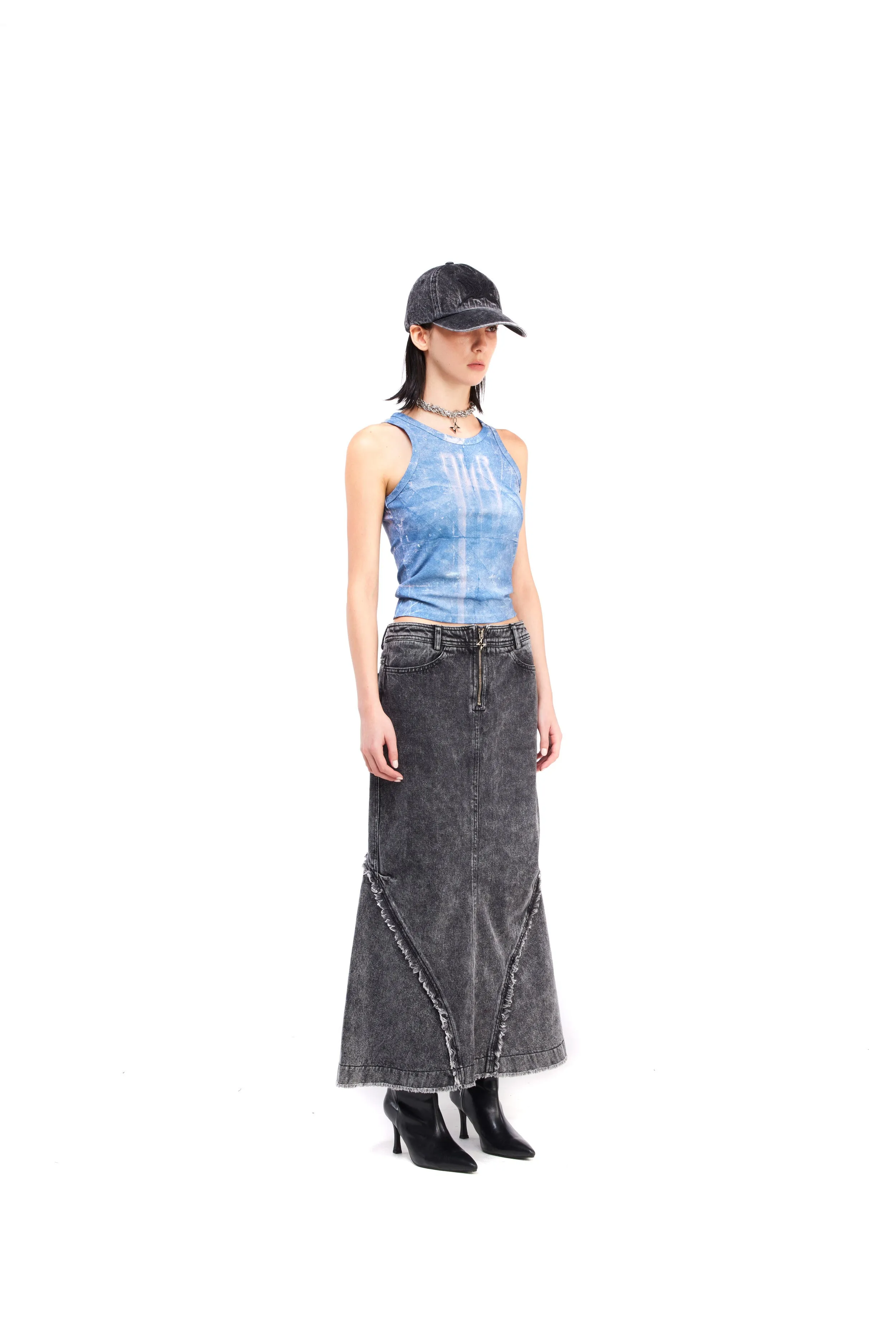 Denim wide long skirt