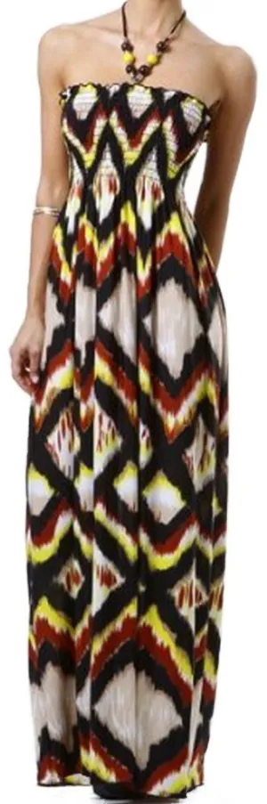 Diamond Graphic Print Beaded Halter Smocked Bodice Maxi / Long Dress