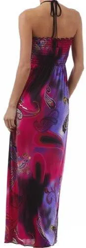 Dot Paisley Graphic Print Beaded Halter Smocked Bodice Long / Maxi Dress