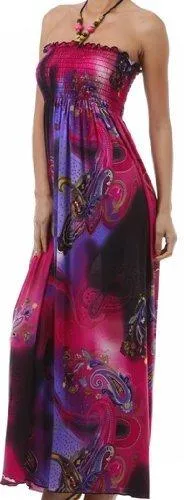 Dot Paisley Graphic Print Beaded Halter Smocked Bodice Long / Maxi Dress